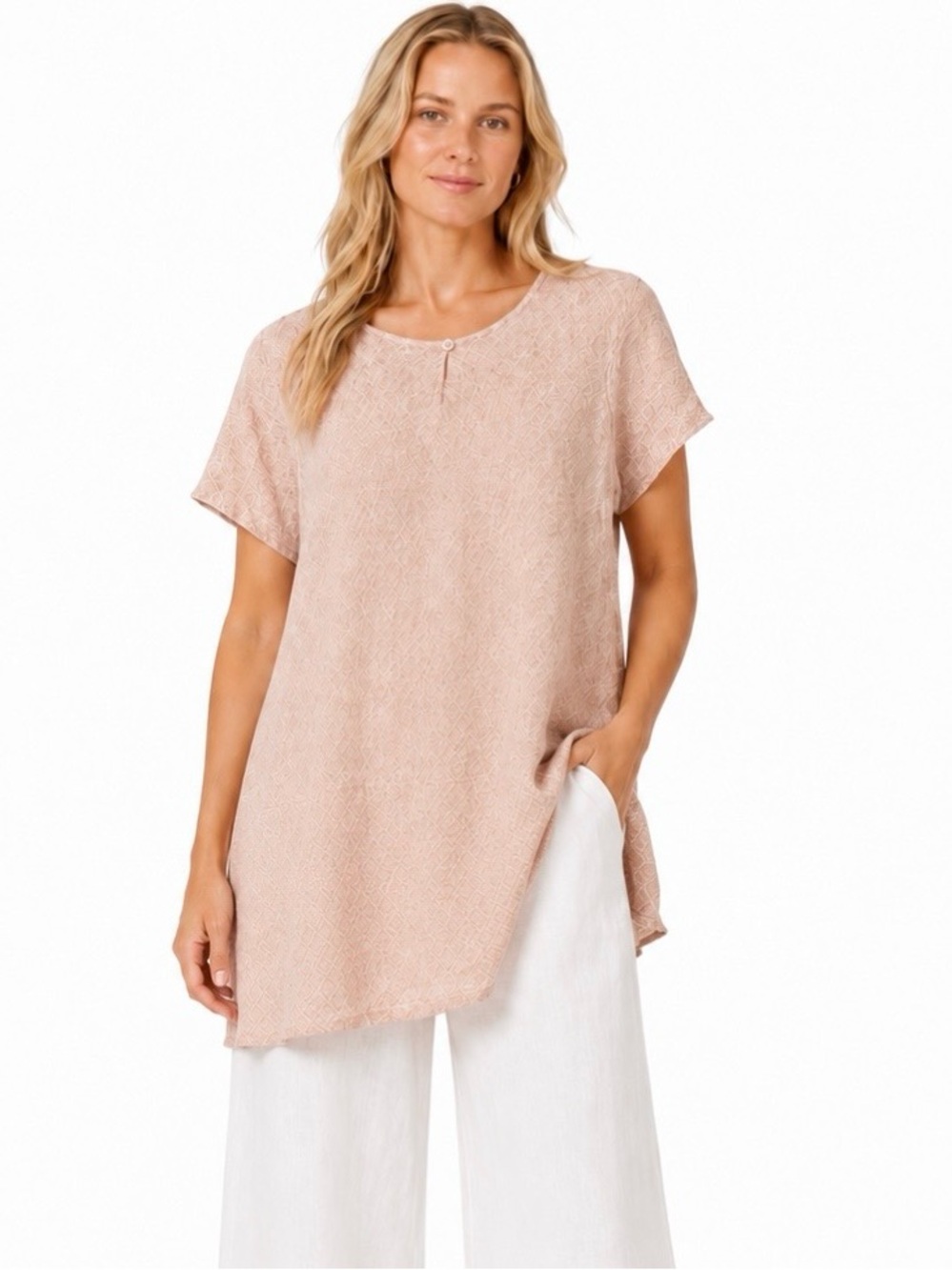 Flax Linen Top L Oversized Lagenlook Blush Textured Cottagecore Tunic Travel